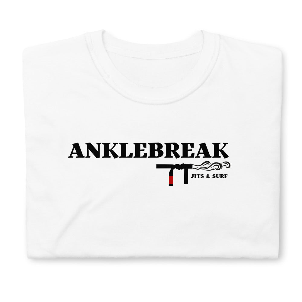 AnkleBreak Jits & Surf T-Shirt with Brazilian Jiu Jitsu and surfing theme, 100% ring-spun cotton, durable and comfy.
