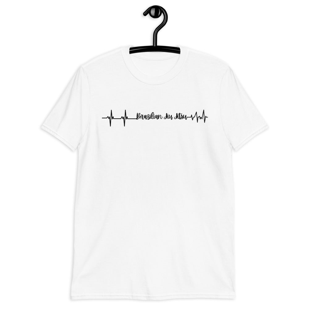 Brazilian Jiu Jitsu Heart Beat T-Shirt with heartbeat graphic, 100% ring-spun cotton, durable and comfy design.