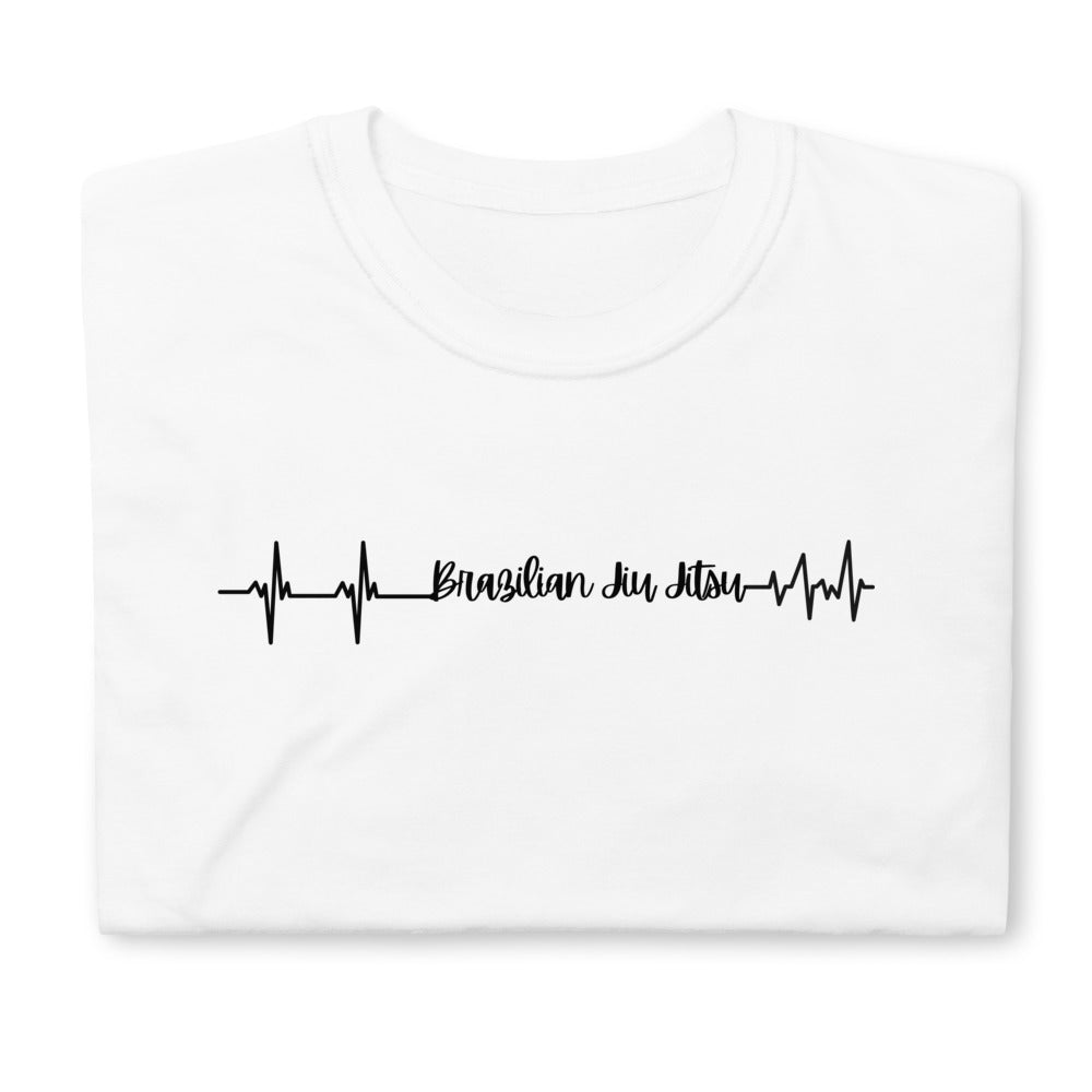 Brazilian Jiu Jitsu Heart Beat T-Shirt in white with heartbeat design.