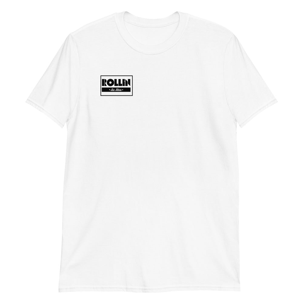 White tee with "Rollin Jiu Jitsu" logo, 100% ring-spun cotton, durable stitching.