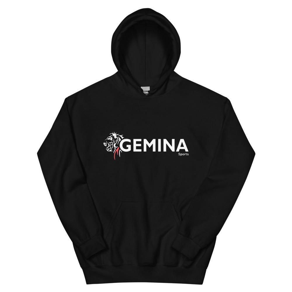 Black Club Hoodie with Gemina Sports logo, made from 50% cotton and 50% polyester, featuring a double-lined hood and front pouch pocket.