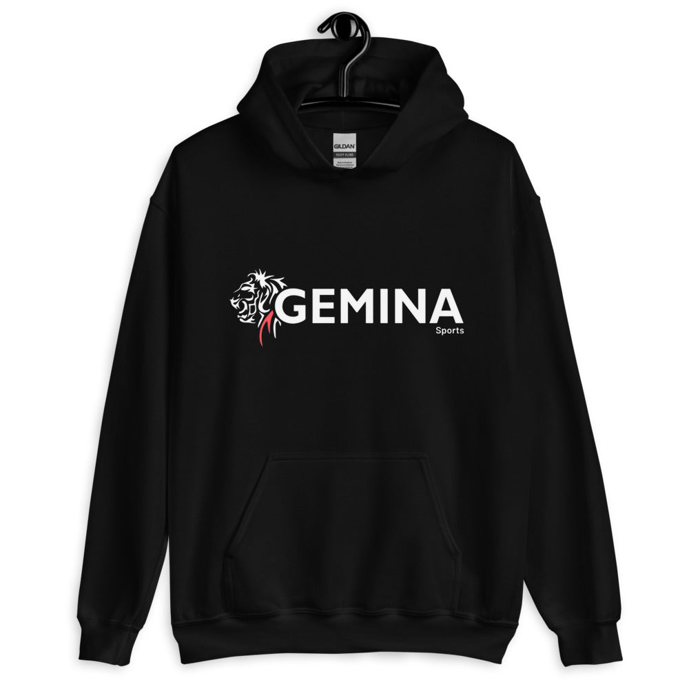 Black Club Hoodie with Gemina Sports logo, double-lined hood, front pouch pocket, unisex sizes Small to 2XL.