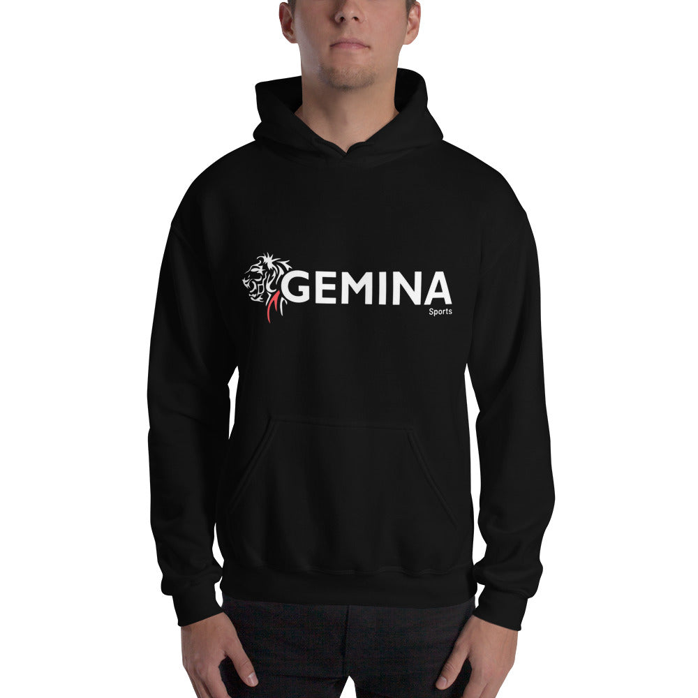Black Club Hoodie with Gemina Sports logo, front pouch pocket, and drawcord.