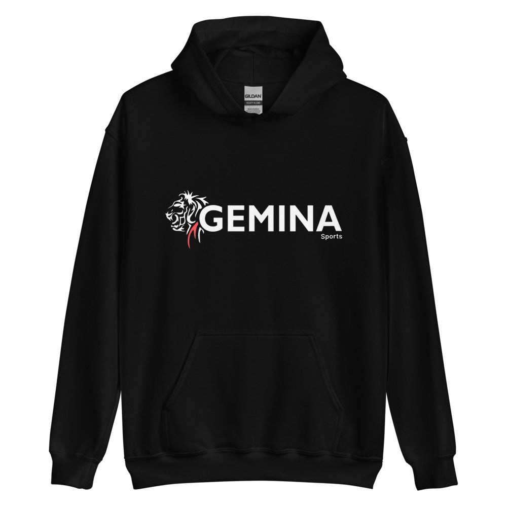 Black Gemina Sports club hoodie, unisex, with logo, featuring a front pouch pocket and double-lined hood.
