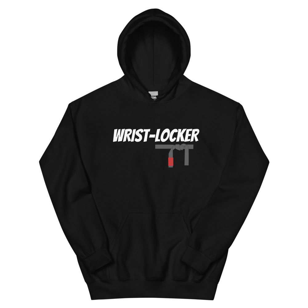 Black BJJ Wrist-Locker Hoodie with white text and front pouch pocket.