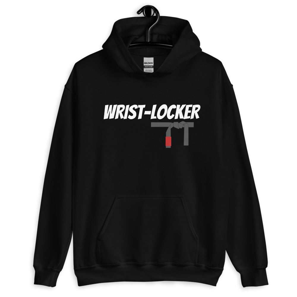 Black BJJ Wrist-Locker Hoodie with front design, made of 50% cotton and 50% polyester, featuring a double-lined hood and front pouch pocket.