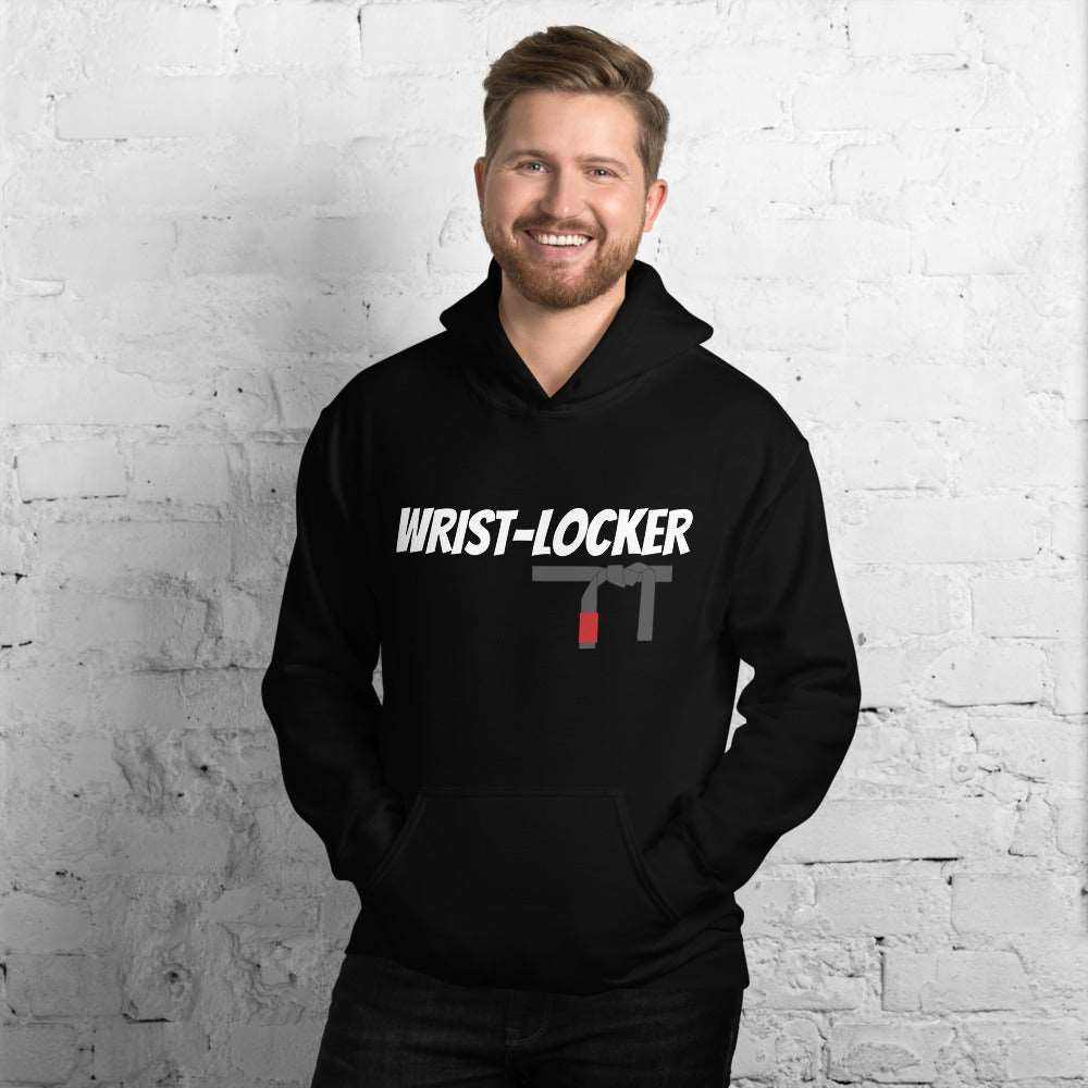 Black BJJ Wrist-Locker Hoodie with front pouch, featuring "Wrist-Locker" text.