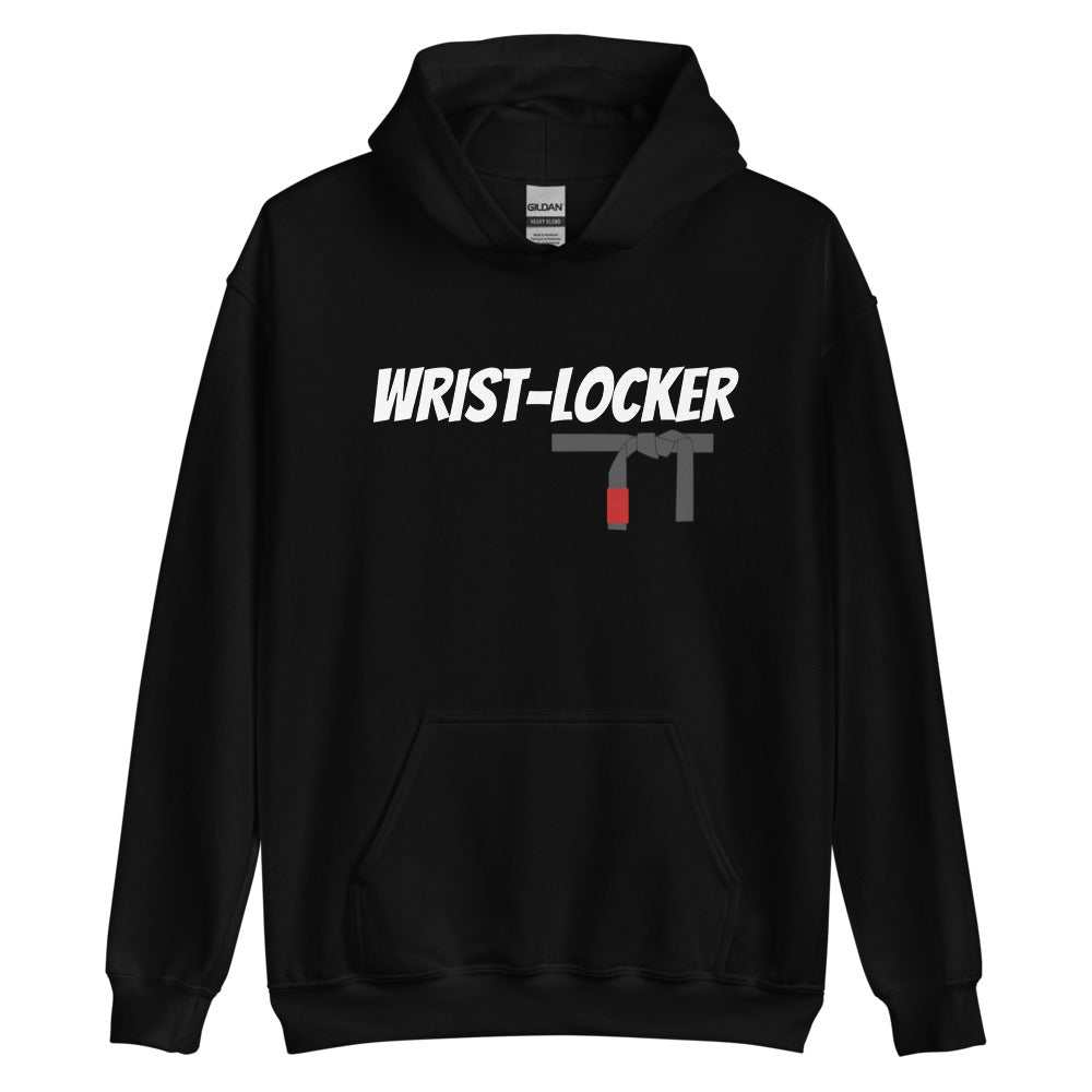 Black BJJ Wrist-Locker Hoodie with front pouch pocket and printed design.